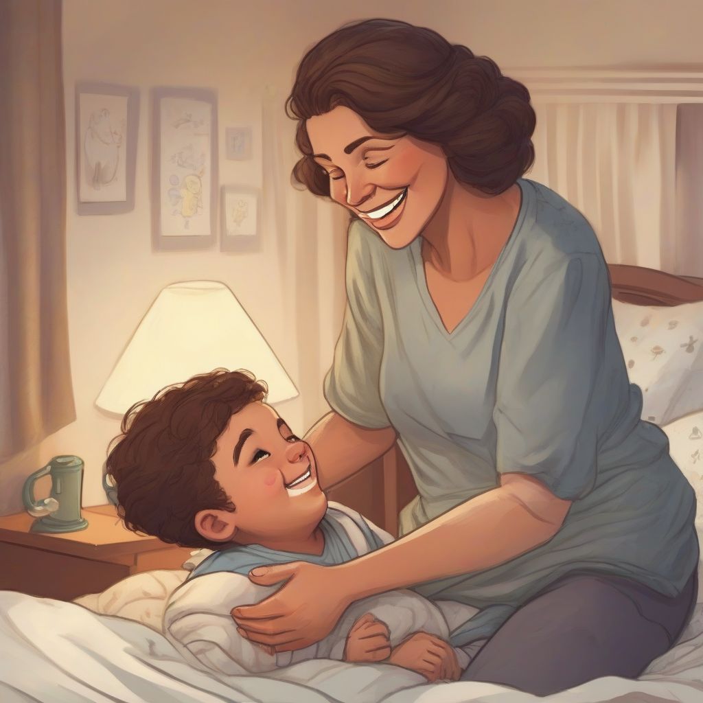 A happy mother is helping her young son get tucked into bed. She is reading him a bedtime story and he is smiling at her.