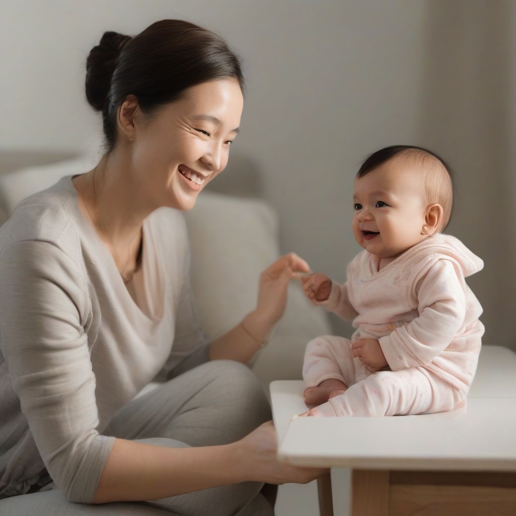 A baby looking intently at their mother, who is smiling and interacting with them