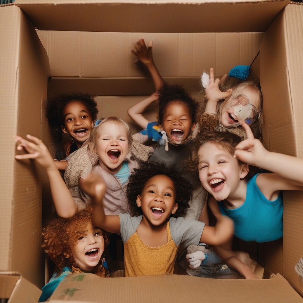 Kids Imaginatively Playing in a Cardboard Box