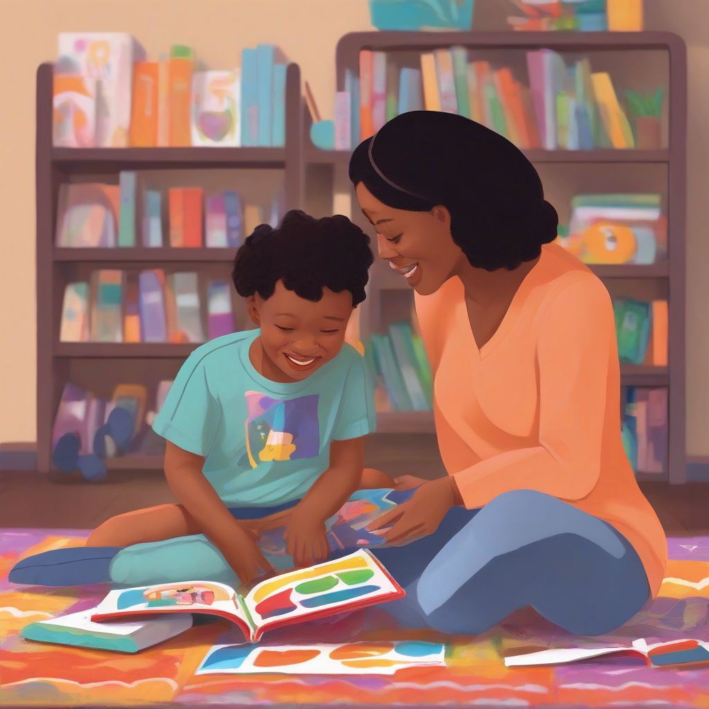 A parent sitting on the floor with a toddler in their lap, both looking at a brightly colored picture book